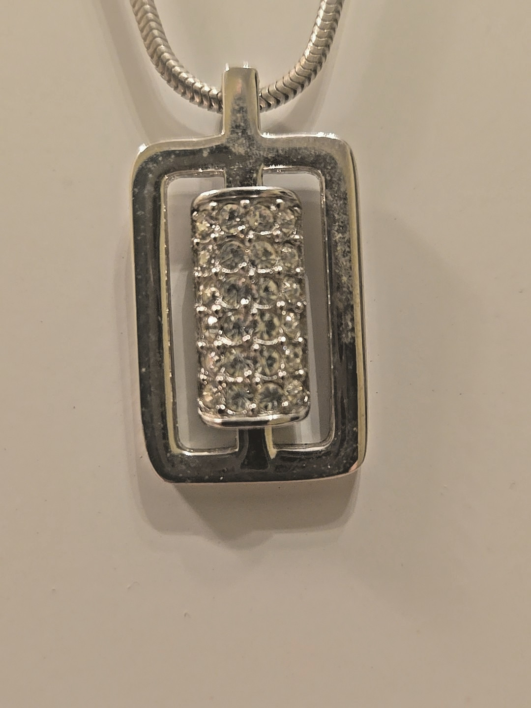 Trifari Silvertone Clear Stone Rectangle Pendant … - image 2