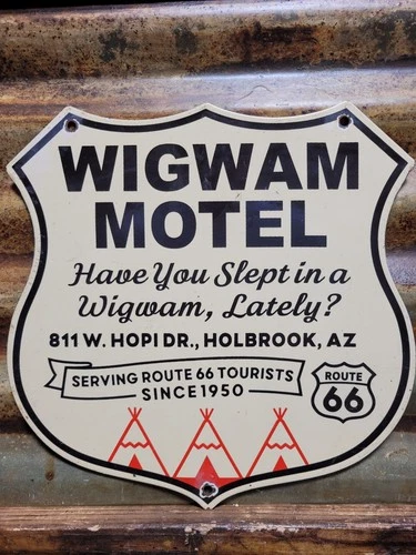 VINTAGE WIGWAM MOTEL PORCELAIN SIGN OLD ROUTE 66 ARIZONA TEEPEE HOTEL GAS STOP