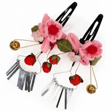 VTG Japanese Hair Clip Kanzashi Ornaments Rayon Chirimen Plum Blossoms: Set of 2