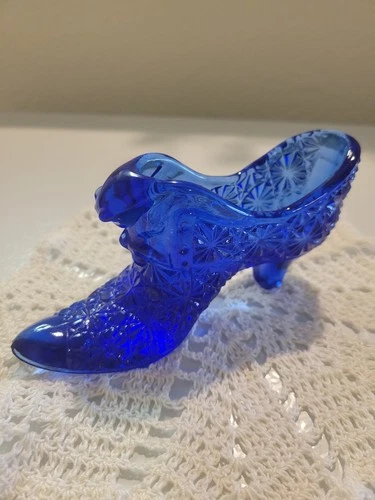 Vintage Fenton Cobalt Blue Cat Head Daisy Button Glass Boot Shoe Excellent