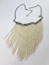 Premier Designs Cream Faux Pearl Fringe Necklace Silver Tone 28" Long Statement