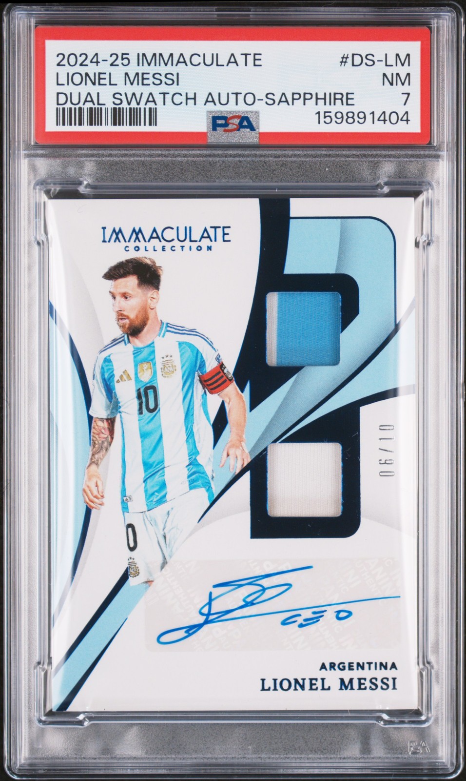 2024-25 PANINI IMMACULATE COLLECTION DUAL SWATCH AUTO LIONEL MESSI 6/10 PSA 7