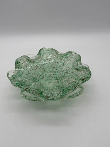 Vintage Murano Glass Bowl/Ashtray Green w/Aventurine Speckles 7.5"