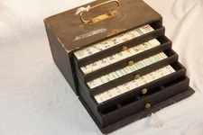 Rare Antique Hand-Curved Mahjong Bamboo & Dovetail Bone Set 144 Tiles w/ Draws