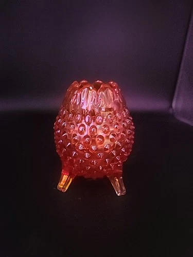 FENTON: Amberina Glass Red Orange Hobnail 3 Footed Egg Rose Bowl Vase 5" - GLOWS