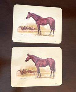 Set of 2 Vintage Thoroughbred Horse Hot Plate Trivets Cork Back Rustic Farmhouse