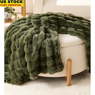 Luxurious Green Bubble Faux Fur Throw Ultra-Plush Reversible Blanket Home New