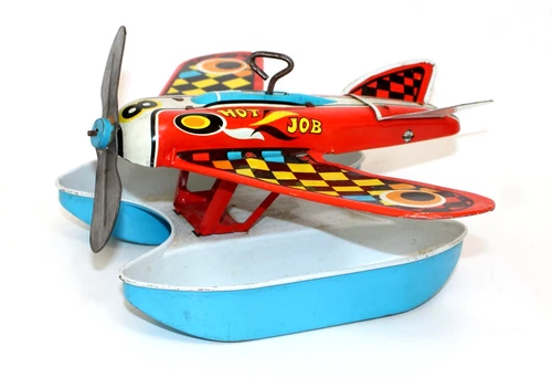 Vintage Ohio Art Tin Litho Wind-up Hot Job Float Plane Airplane Works 10" WS