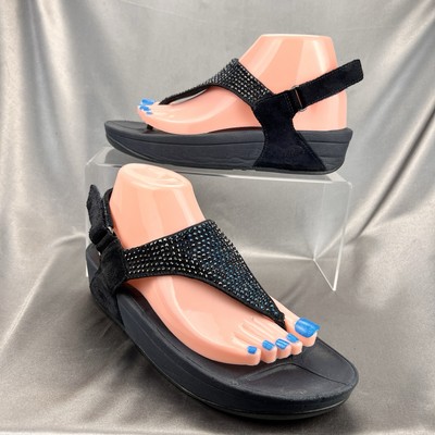 Fitflop Rokkit Navy Blue Crystal Toe Post Sandals Womens 8 Adjustable Strap Shoe