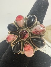 925 Sterling Silver Ring Red Dahlia Onyx Flower Cluster Southwest Style Jewelry