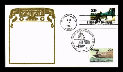 WWII FIRST DAY COVER DUAL 29C POSTAGE INDIANAPOLIS INDIANA AND KOROR PALAU