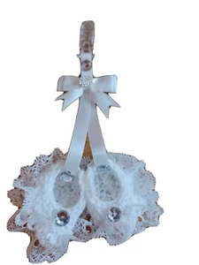 Pram charms *new*white girl booties Baby pram charms hand knitted With White Lac