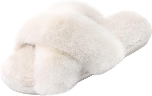 Women'S Fuzzy Slippers Comfy Cross Band House Shoes Memory Foam Open Toe Indoor