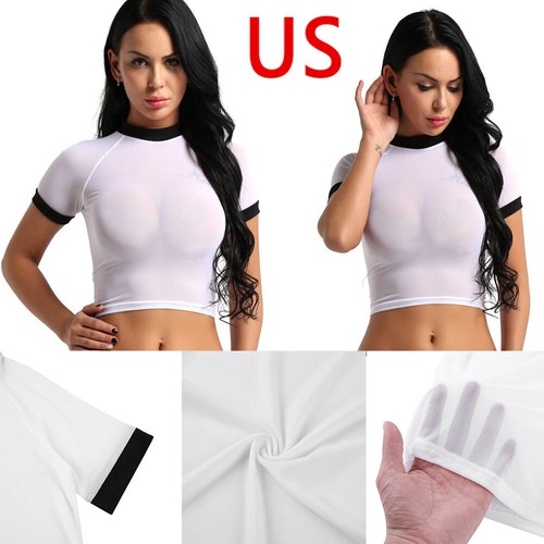 Women's See Through Sheer Mesh Slim Crop Top Casual Sexy T-Shirt Sexy Blouse - Picture 3 of 25