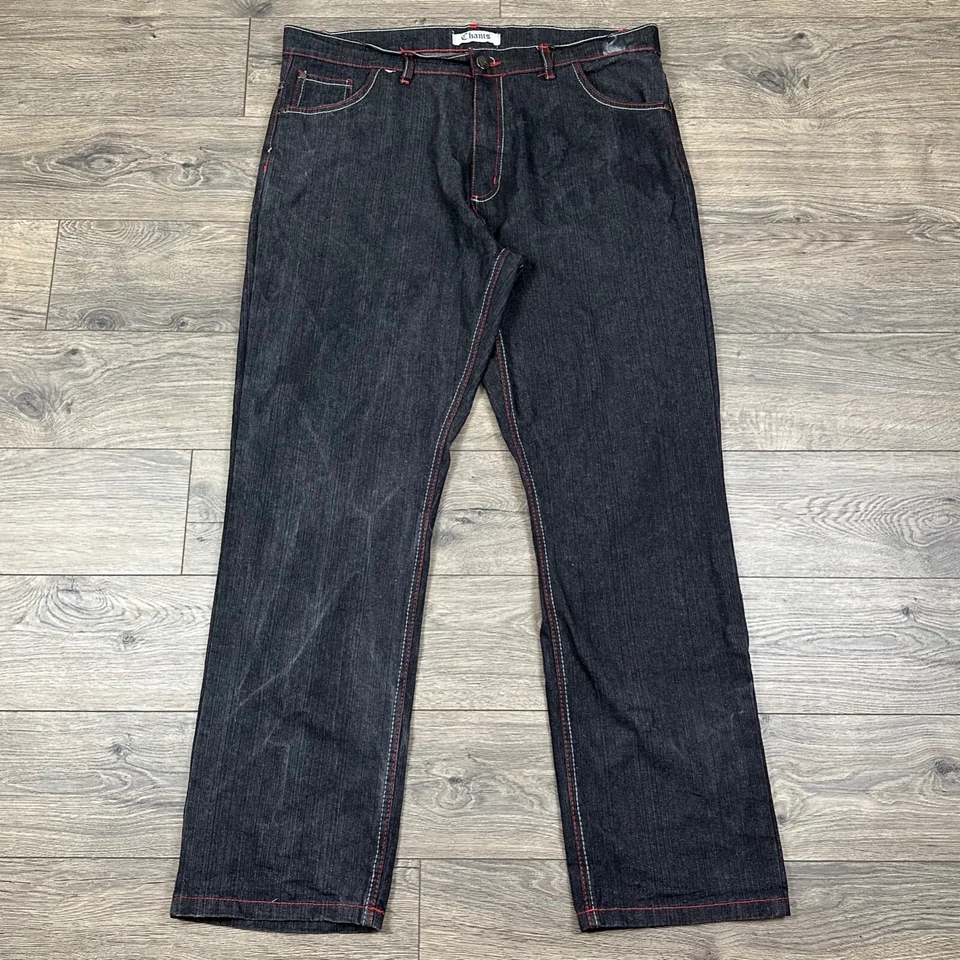 Vintage Chams Jeans Adult 38x32 Black Denim Pocket Embroidery y2k Rave Baggy - Image 2 of 4