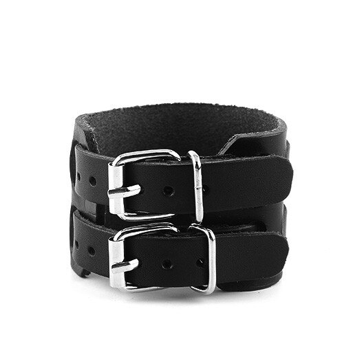 Men's Leather Double Belt Strap Buckle Adjustable Cuff Bangle Wristband Bracelet - Picture 11 of 23