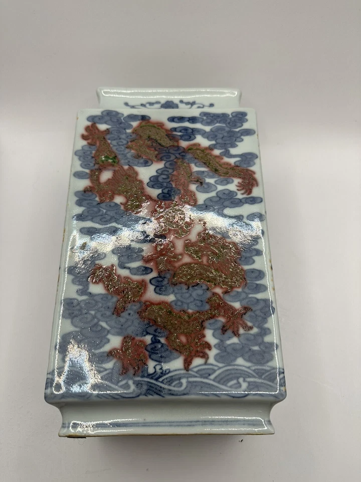 Антикварные синие и красные медные зеленые небесные драконы в погоне за пылающей жемчужиной. - Изображение 3 из 4