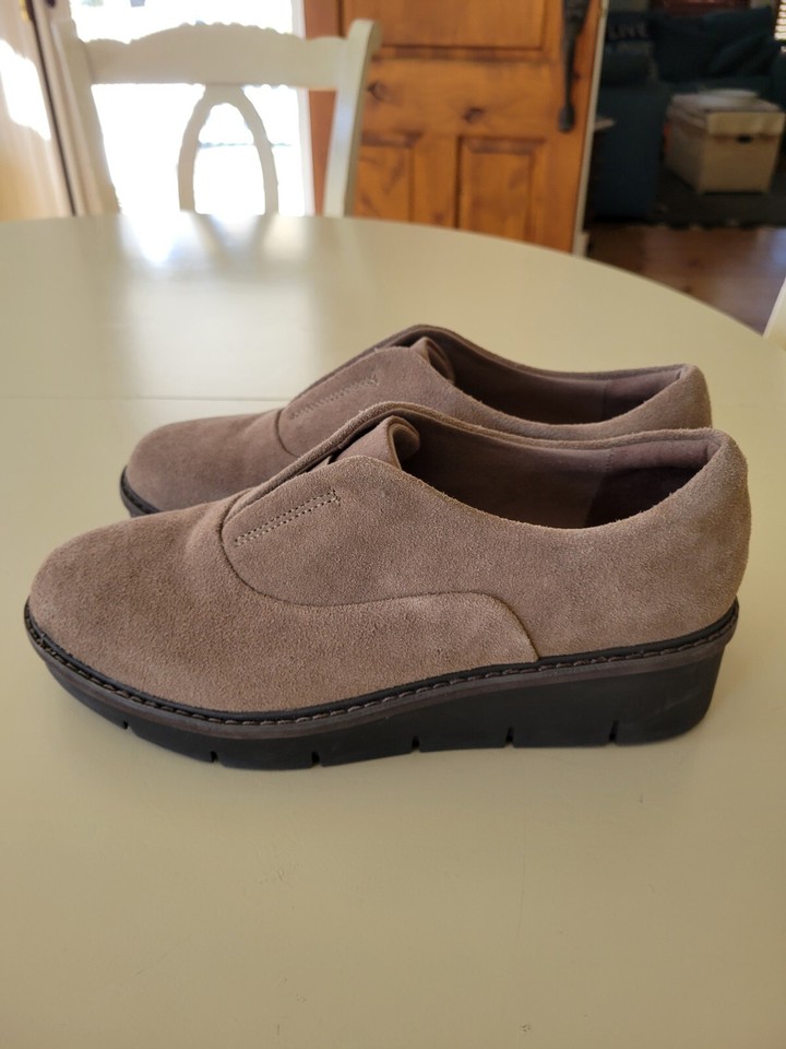 Clarks Shoes Brown Suede Wedge Slip On Loafers Sawtooth Platform Women