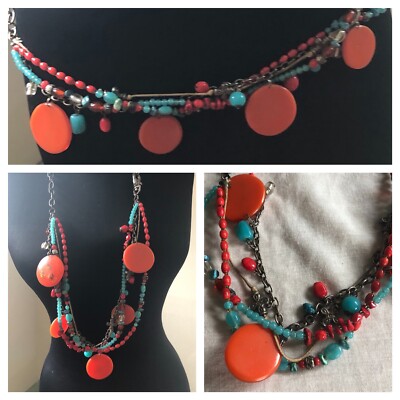 Vintage Chain Necklace Belt Coral Turquoise Beads Disks Silver Metal  53''
