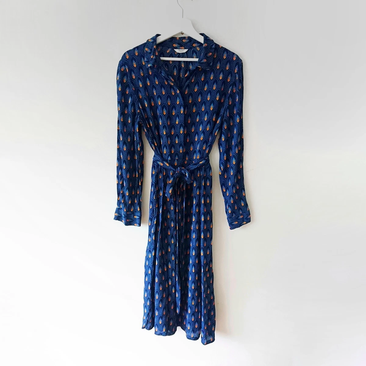 Toast Navy Blue Yellow Print Midi Belted Tie Waist Shirt Dress
