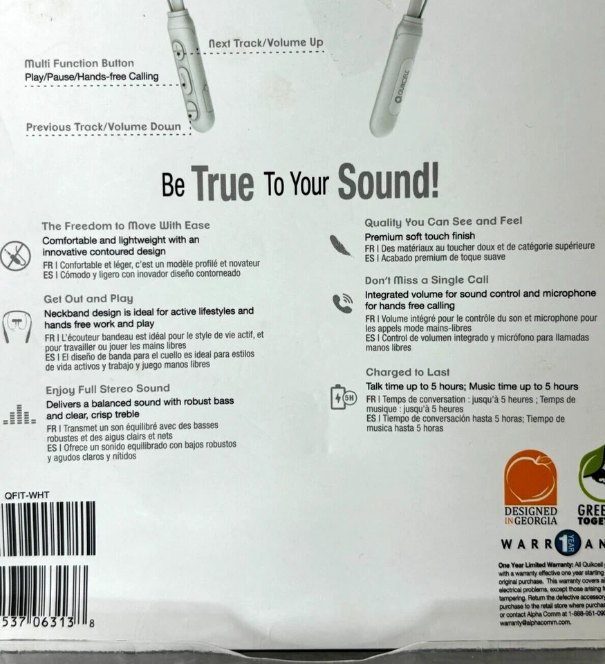 Quikcell Qfit Wireless Audio Neckband Earphones White-Bluetooth NIB - Image 2 of 4