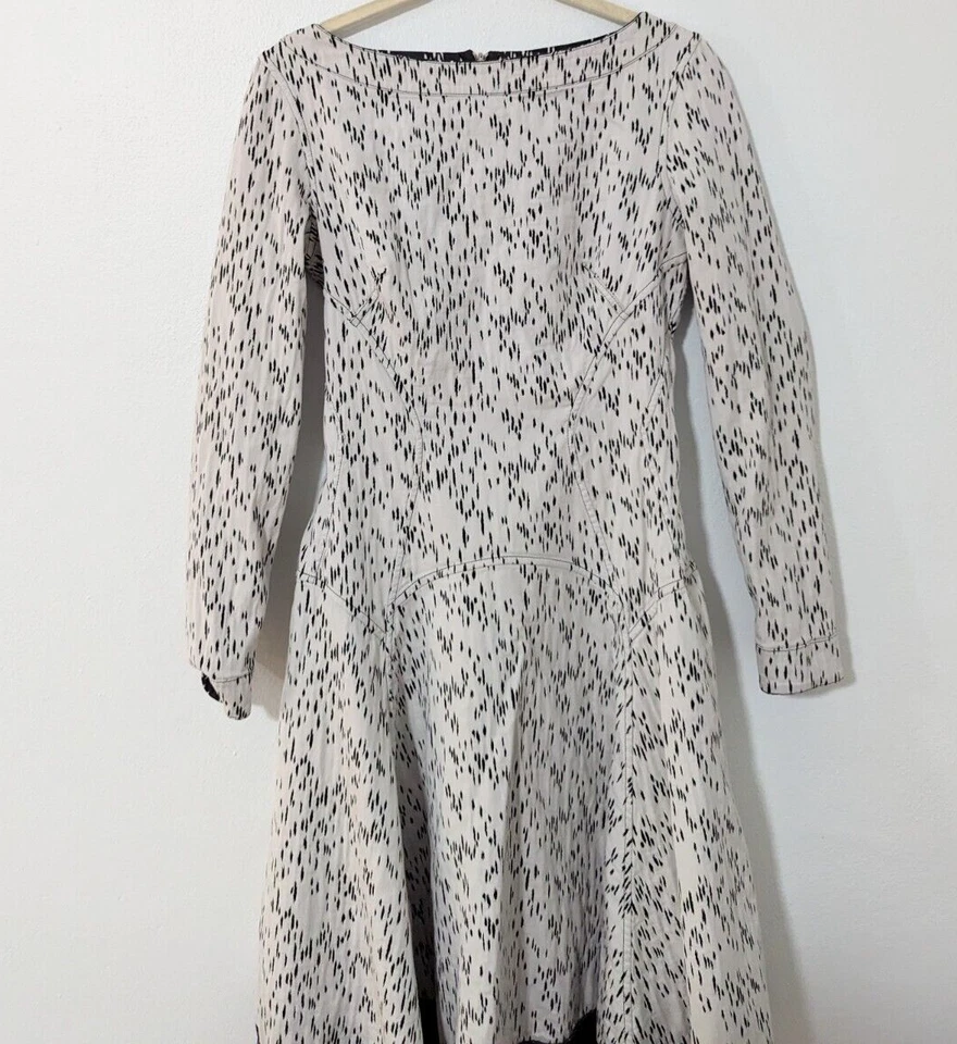 Lela Rose Reversible Long Sleeve Dress Printed Black Ivory Knee Length Zipper 6 - Image 3 of 4