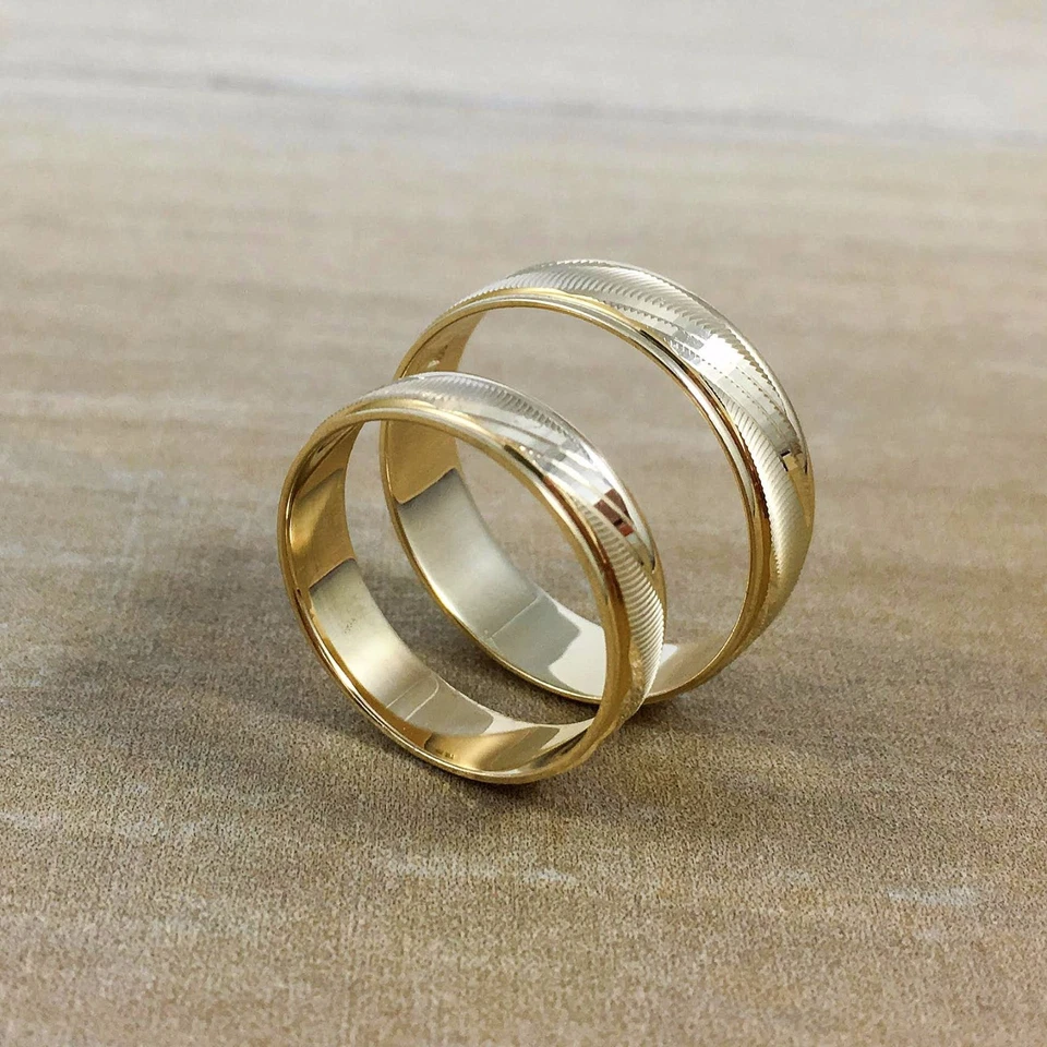 14K Solid Yellow Gold His Hers Wedding Band Ring Set Matching Men Womens Unisex - Image 3 of 4