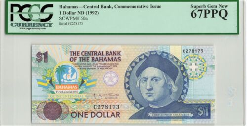 BAHAMAS $1 Dollar 1992, P-50a Commemorative, PCGS 67 PPQ Super Gem UNC, Columbus - Picture 1 of 2