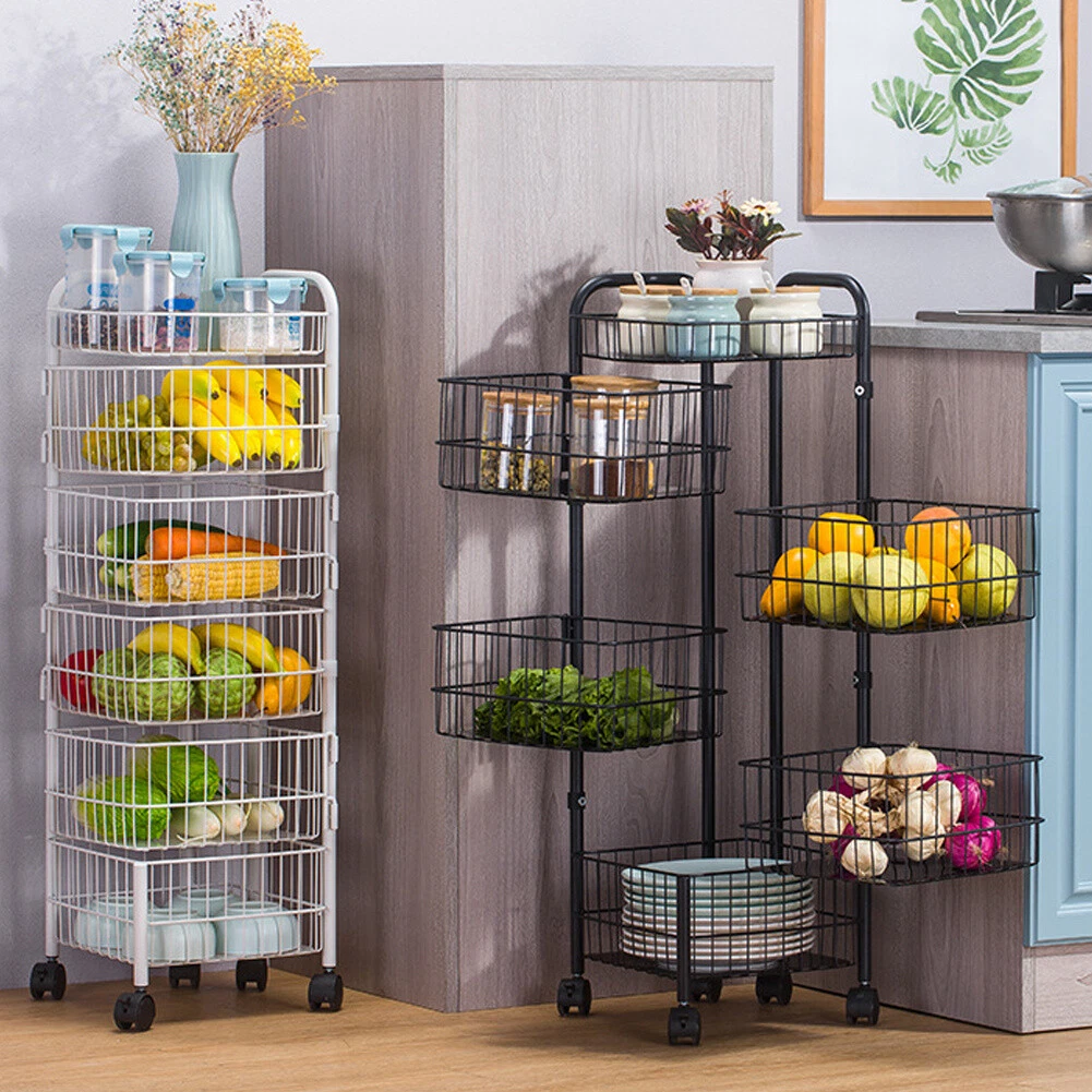 3 6 Tier Kitchen Rotating Storage Trolley Shelf Organiser Vegetable Fruits Rack