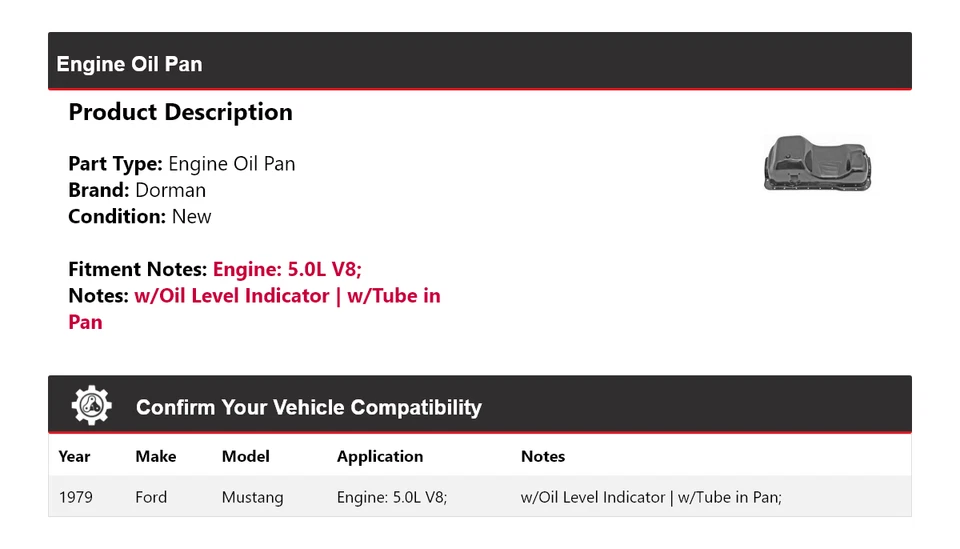 Ford Mustang 1979 5,0 L V8 Dorman motor cárter de aceite Foto 2 de 4