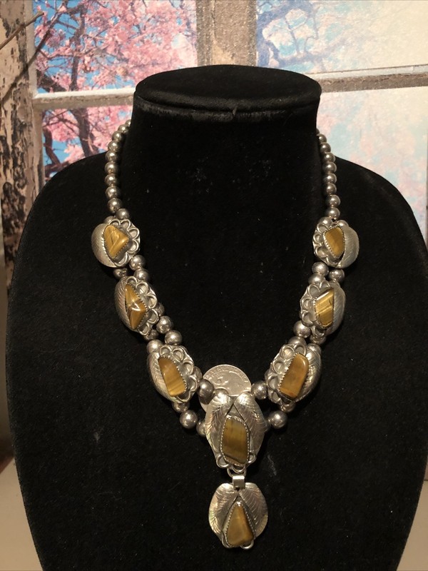 Vintage COIN Silver (.900)  & Genuine TIGER EYE Squash Blossom Necklace, ca 70's