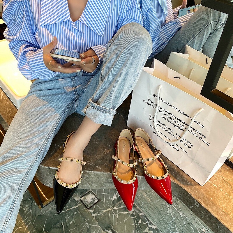 Comfort Studded Flats Rivet Strappy Pointed Toe Cut Out Plus Green