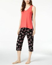 Alfani Printed-Panel Tank Top Pajama Set Coral Bouquet Black X-Large