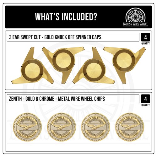 Zenith Gold & Chrome Wire Wheel Chips with Knockoff Spinner Caps, Set of 4 - Picture 87 of 117