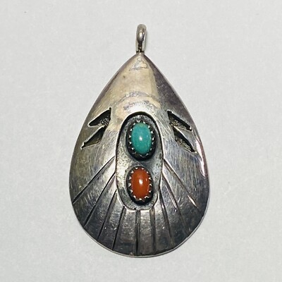 Pendentif Ethnique Argent Massif Avec Corail Et Turquoise - Style Egypte - Occasion - Voir Photos