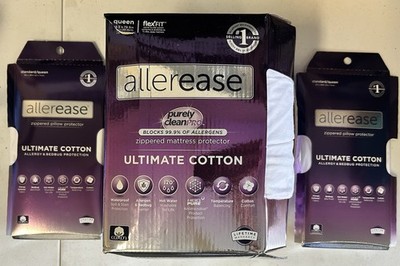 AllerEase Ultimate Cotton Queen Mattress Protector & (2) Pillow Protectors - New
