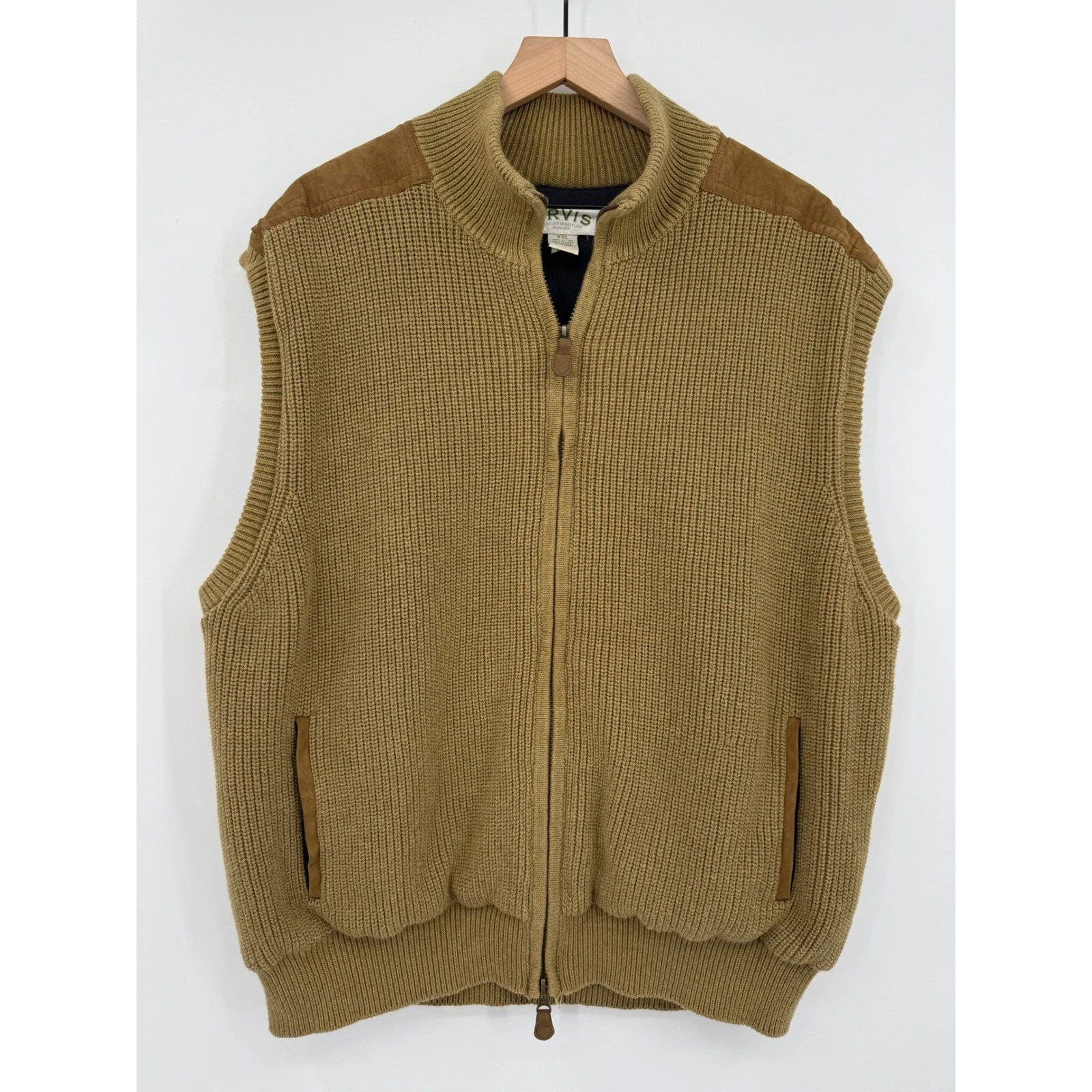 Orvis Vest Mens XXL Brown Tan Knit Sweater Zip Cotton Suede Trim Outdoor Thick