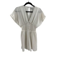 EXPRESS White Textured Flutter Sleeve Smocked Waist V-Neck Mini Dress XS Womens