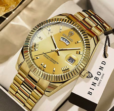 BINBOND Herren Quarz Armbanduhr Gold Edelstahl, Tag/Datum, Leuchtzeiger