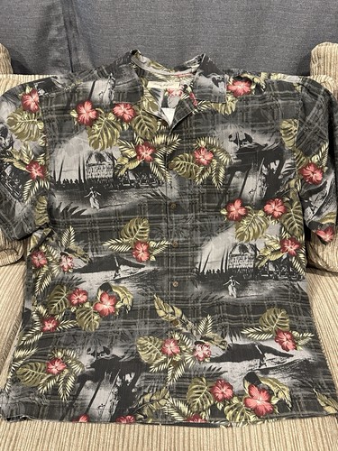 Tommy Bahama men's shirt xl tall XLT 100% silk floral hawaiian button black/gray