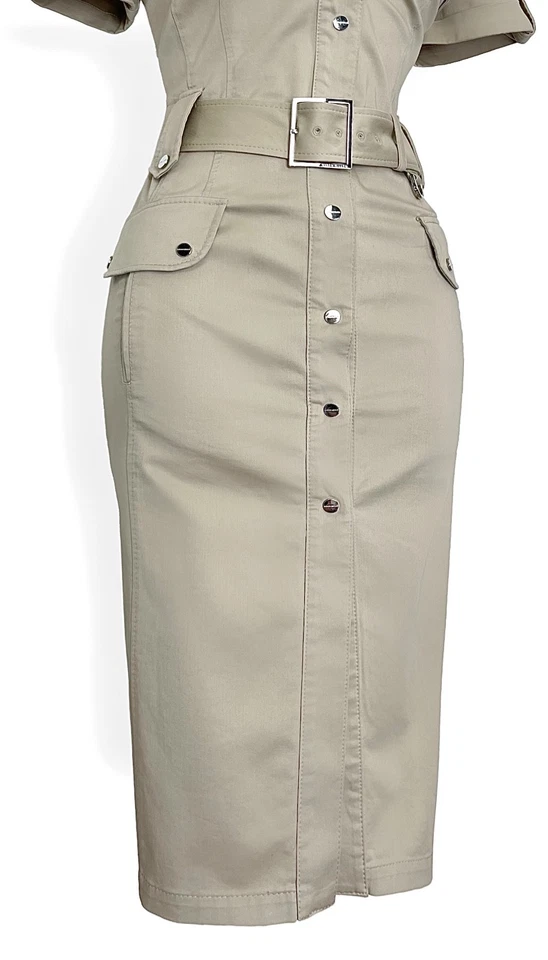 Karen Millen Size UK 14 VINTAGE MILITARY SAFARI BELTED SHIRT DRESS IN STONE - Image 4 of 4