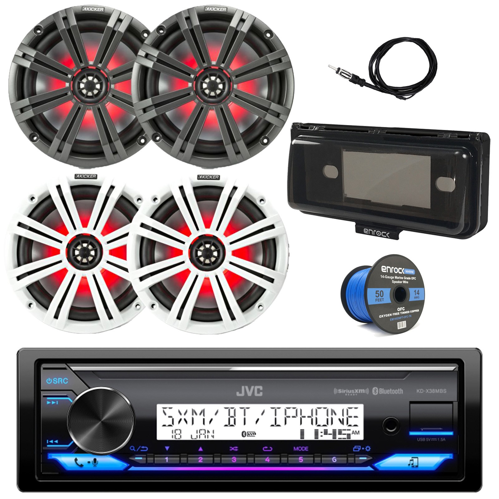 JVC Marine Bluetooth Receiver, 4x 8" 300W LED Speakers, Cove