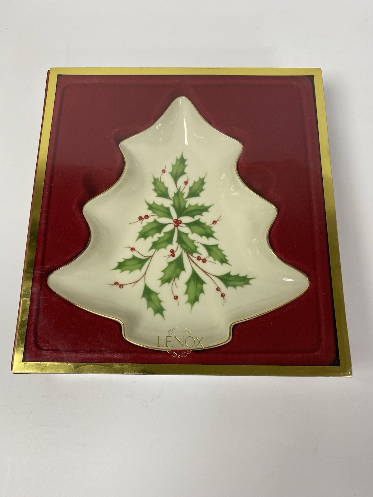 Lenox Holiday Tree Holly Candy Dish Gold Trim Collection With Box Christmas