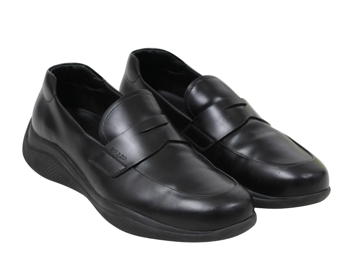 Prada Mens Spazzolato Rois Penny Loafers Size UK8 US9 Black Leather Rubber  Sole