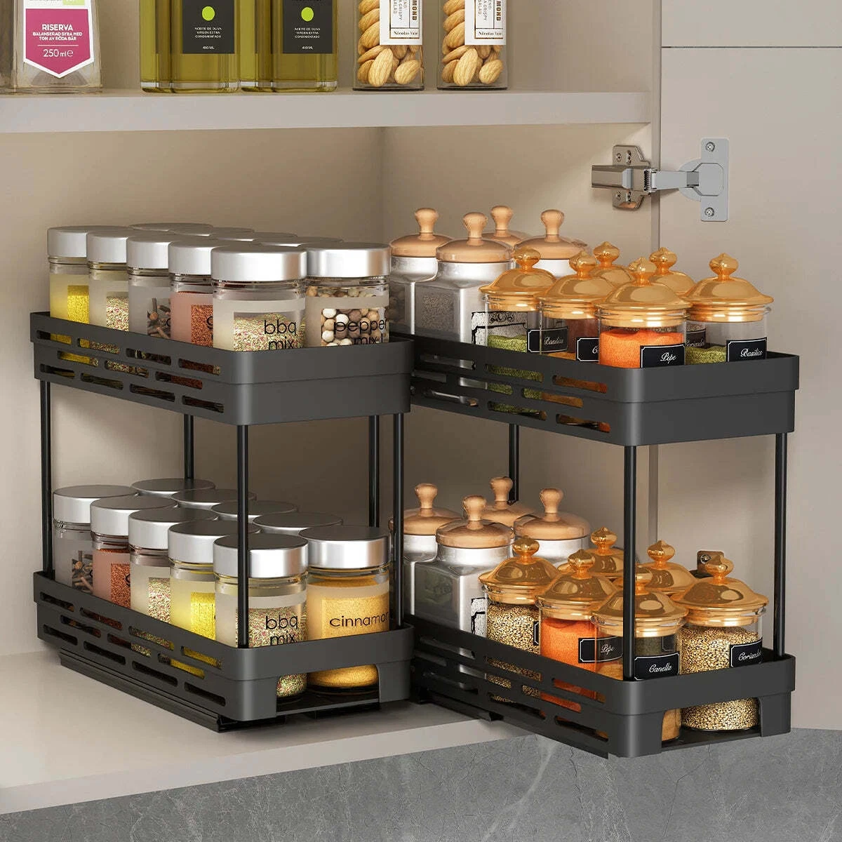 Two Tier Pull Out Kitchen Shelf Organizer Spice Rack Cleaning Bathroom Organiser