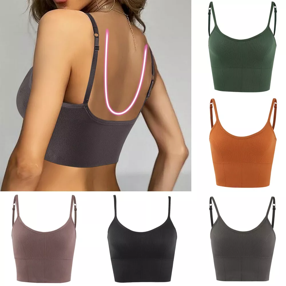 Womens Plain Strappy Cami Basic Bralette Gym Sports Running Crop Bra Vest  Top US