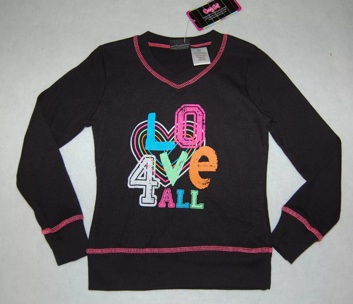 Girls L/S BLACK V-NECK SHIRT Waffle Knit LOVE 4 ALL Neon Letters S 6-6X M 7-8