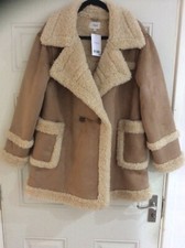 New Next Lagenlook Taupe Faux Shearling Button Coat - Size L BNWT