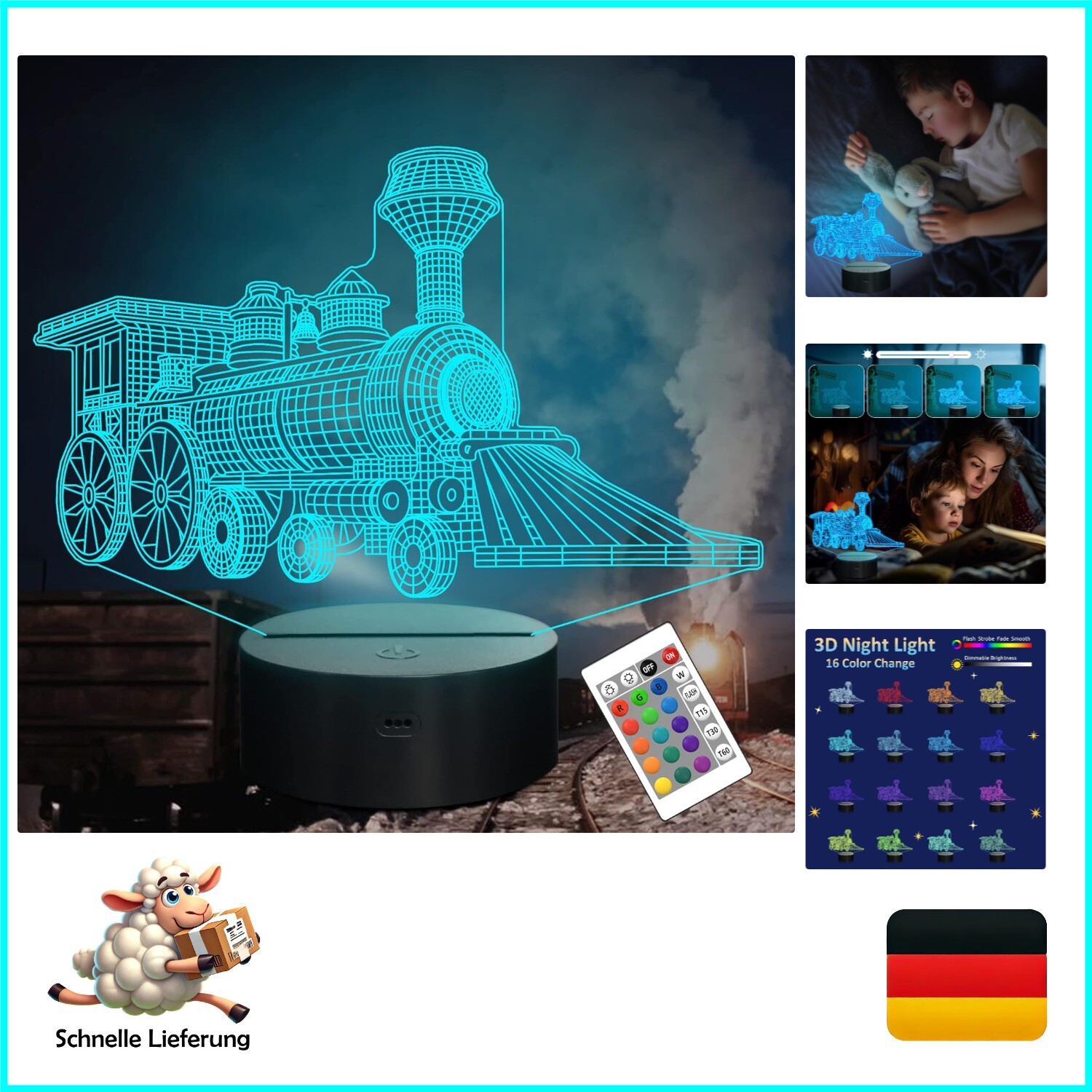Attivolife 3D Zug Lampe - Fernbedienung, 16 Farben & Timer für Kinderzimmer