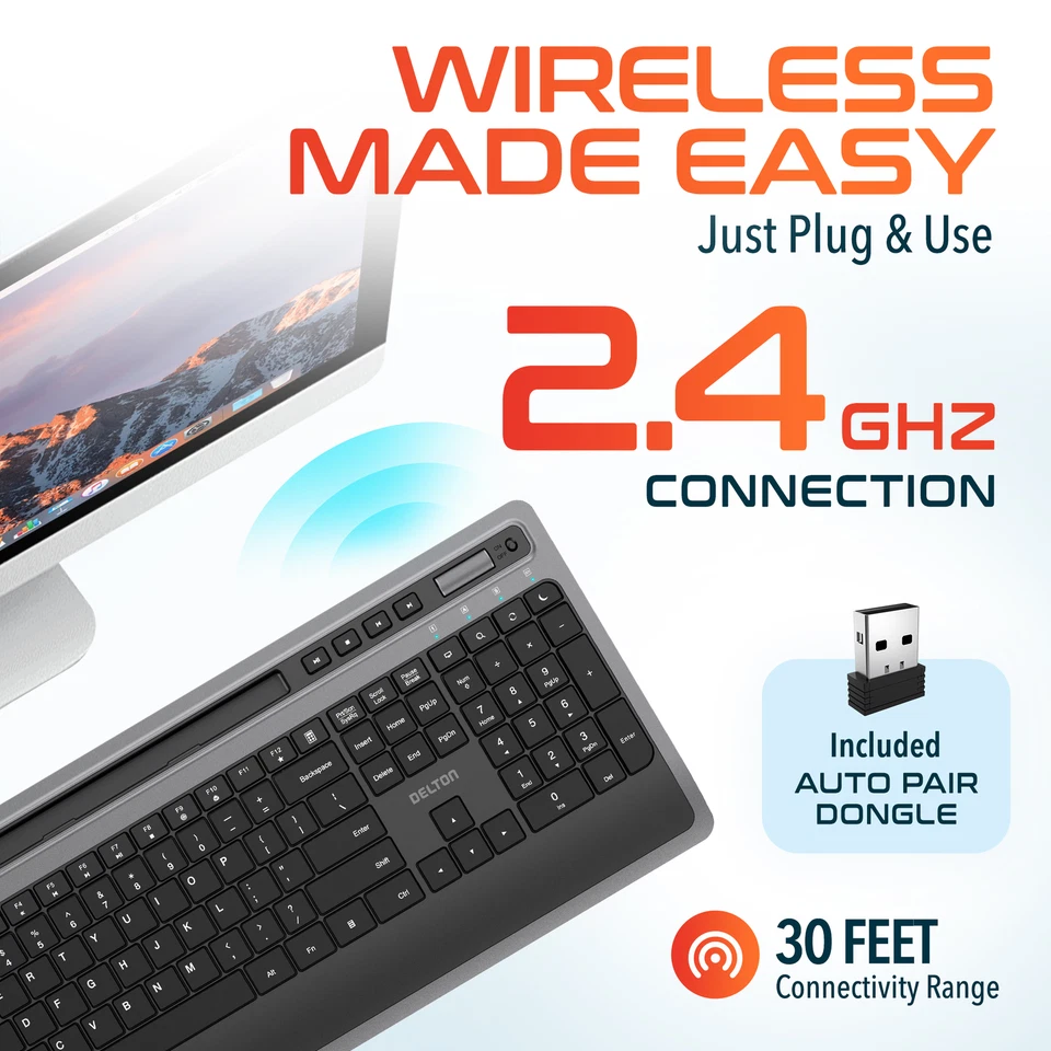 Delton T42 Wireless Ergonomic Computer Keyboard with Tablet Holder - Black - Image 3 of 4